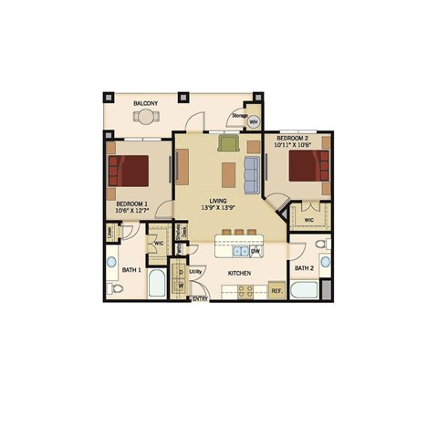 Floor plan for 2 beds, 2 baths, 976 sqft